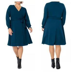 New Leota Women's Plus Size Blouson Long Sleeve Faux Wrap Midi Dress